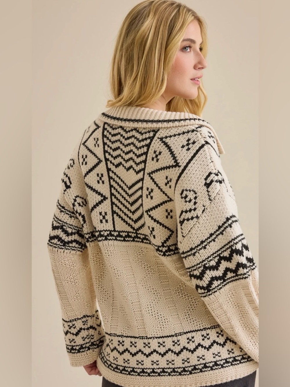 Altar'd State Naya Fair Isle Cardigan Cream Black Chunky Knit - Picture 5 of 10